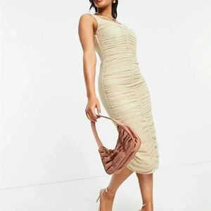 TFNC ASOS RUCHED BODY CONSCIOUS MESH DESIGNER MIDI DRESS IN GOLD SPARKLE SIZE 12